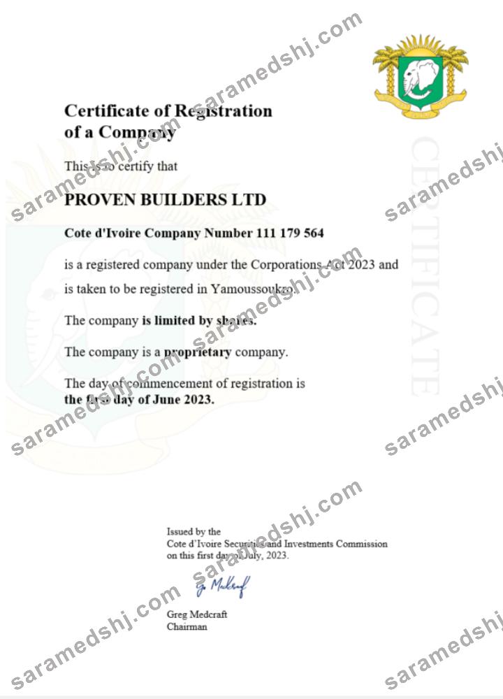 Cote d'Ivoire certificate of registration Word and PDF template